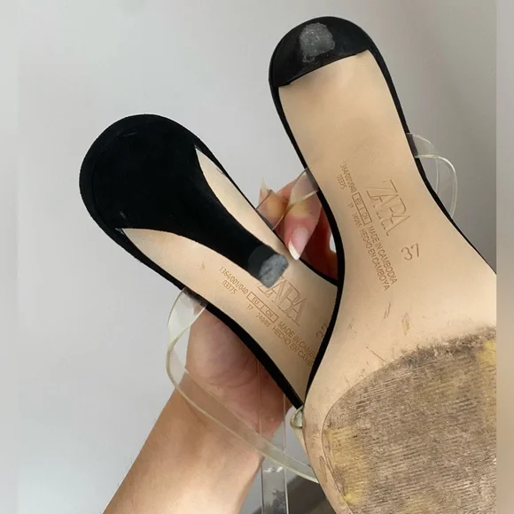 ZARA High Heels Clear Straps Black Sandals size 37 6.5 worn once comfy sexy - Picture 15 of 16